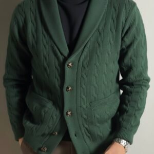 Shawl Collar Cable-Knit Cardigan (Bottle Green)