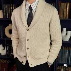 Shawl Collar Cable-Knit Cardigan (Cream)